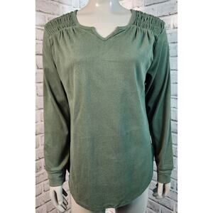 Soft Pleated V Neck Tunic Long Sleeve Sweater Womens Size Medium Green